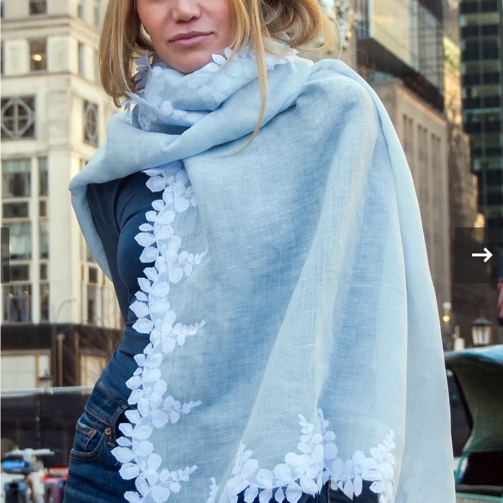 Powder Blue Linen & Modal Scarf | Ivory Scalloped Lace Border — Maneesha Ruia